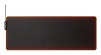 Schwarzes rechteckiges Panel oder Matte mit abgerundeten Ecken, umrandet von einem dünnen roten Glimmer, an einer vertikalen silbernen Stange auf der linken Seite befestigt.