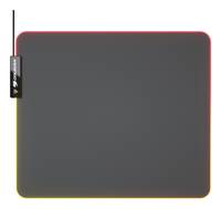 Ein leeres, dunkelgraues Mousepad oder Matte mit abgerundeten Ecken, einer dünnen leuchtend roten und gelben Kante und einem kleinen schwarzen Etikett auf der linken Seite.