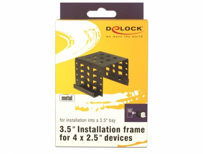 Produktverpackung für einen Delock-Metallinstallationsrahmen mit einem 3,5-Zoll-Schachtadapter für vier 2,5-Zoll-Geräte.