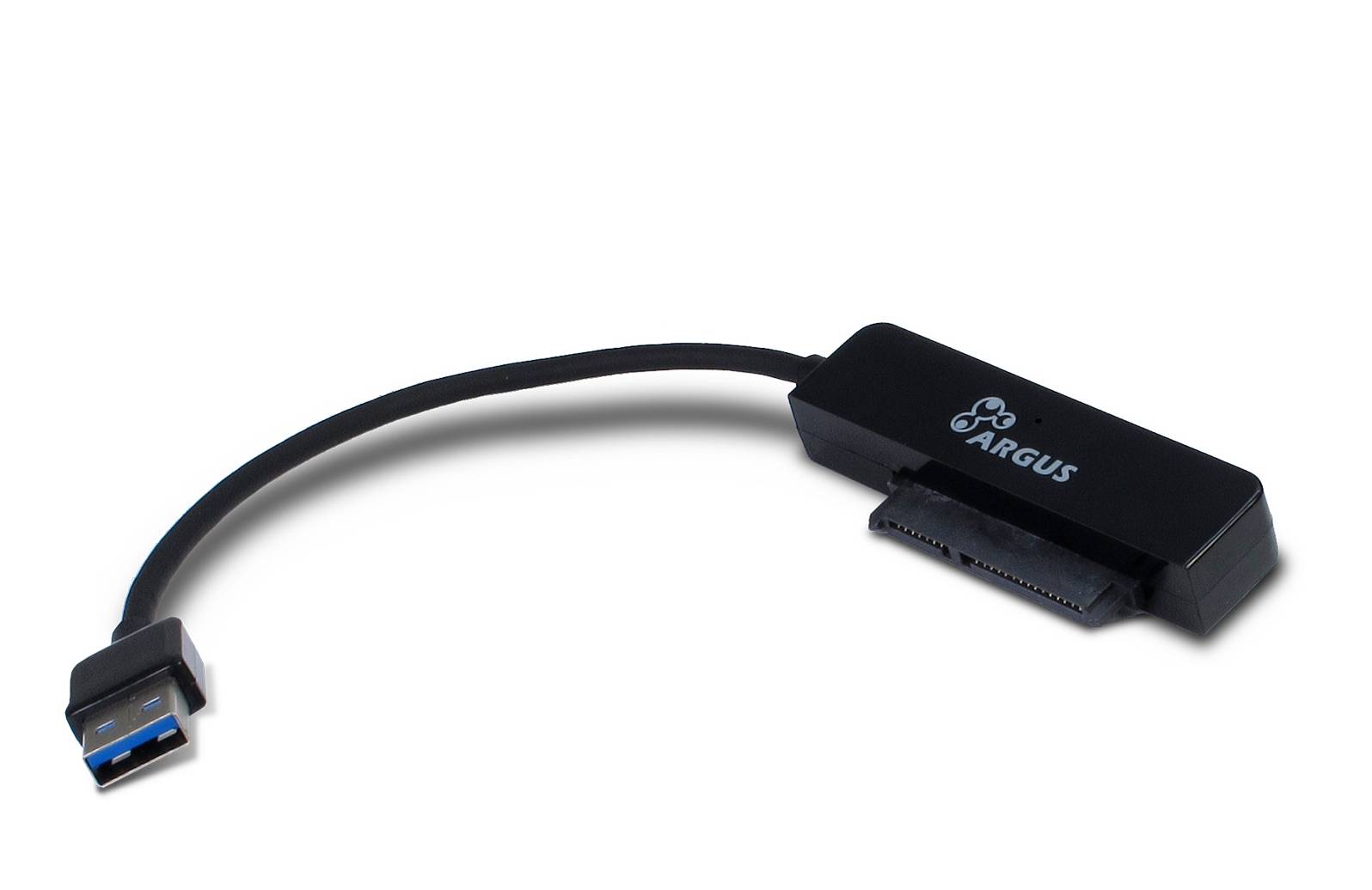 Schwarzes ARGUS USB-Adapterkabel mit USB-A-Stecker an einem Ende und einem kompakten rechteckigen Stecker-Modul am anderen Ende, abgebildet vor weißem Hintergrund.