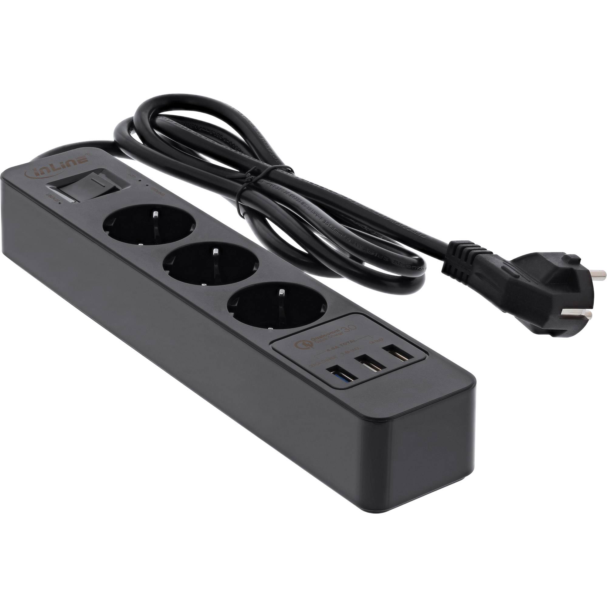 INLINE - Steckdosenleiste - 3-fach Schutzkontakt - ÜSS und QC3.0 - schwarz