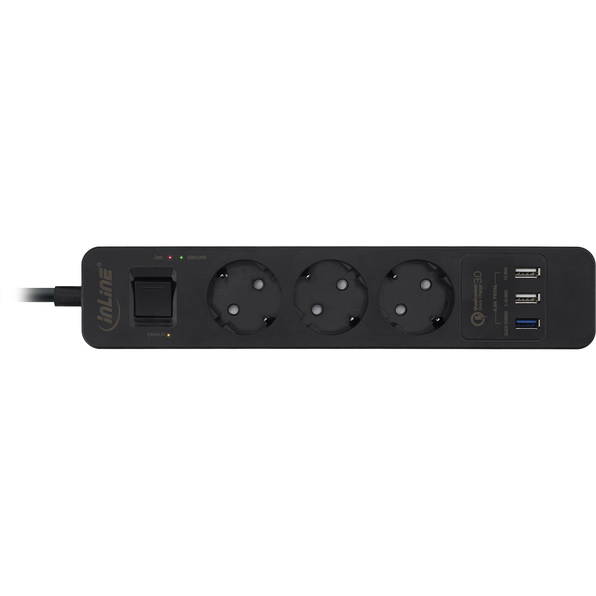 INLINE - Steckdosenleiste - 3-fach Schutzkontakt - ÜSS und QC3.0 - schwarz