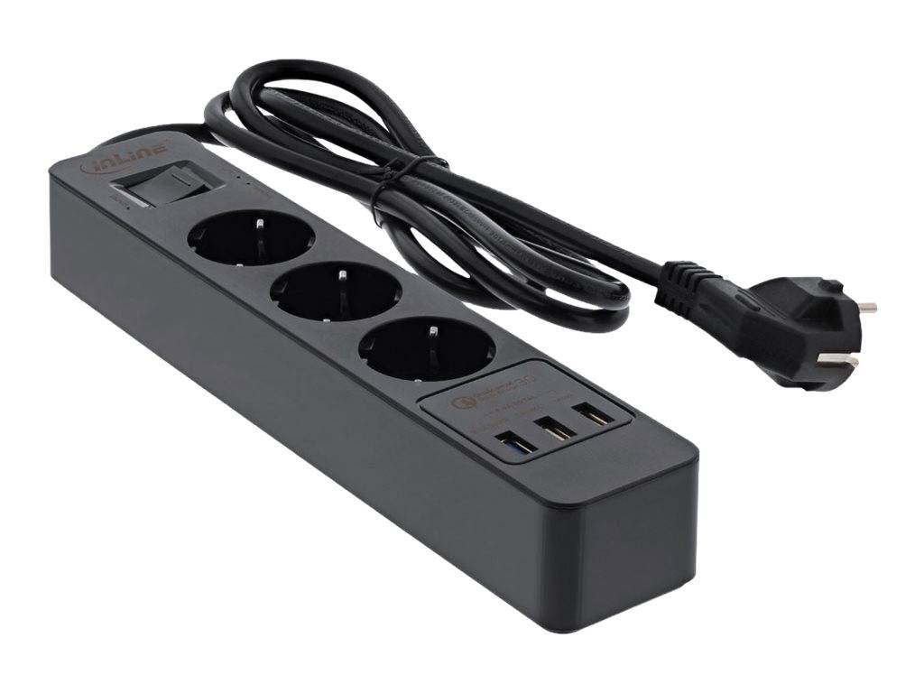 INLINE - Steckdosenleiste - 3-fach Schutzkontakt - ÜSS und QC3.0 - schwarz
