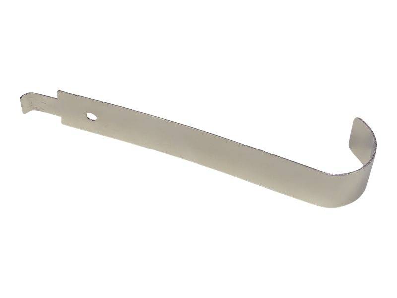 Ein Metallspringclip mit einem hakenförmigen Ende und einem kleinen Montageloch, dargestellt auf weißem Hintergrund.