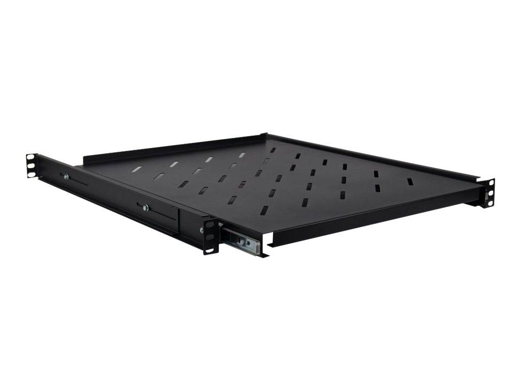 Schwarzes Metall-Schrankregal mit 19-Zoll-Breite, verschiebbar, mit Lüftungslöchern und Seitenschienen auf weißem Hintergrund.