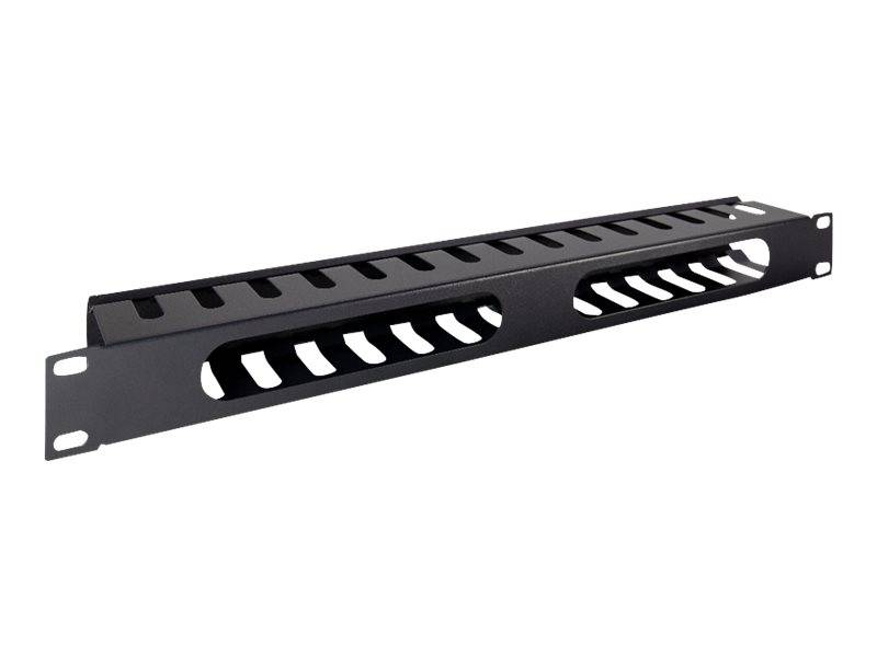 Schwarze Metall-1U-Rack-Kabelmanagement-Leiste mit Schlitzöffnungen und Befestigungslöchern an beiden Enden