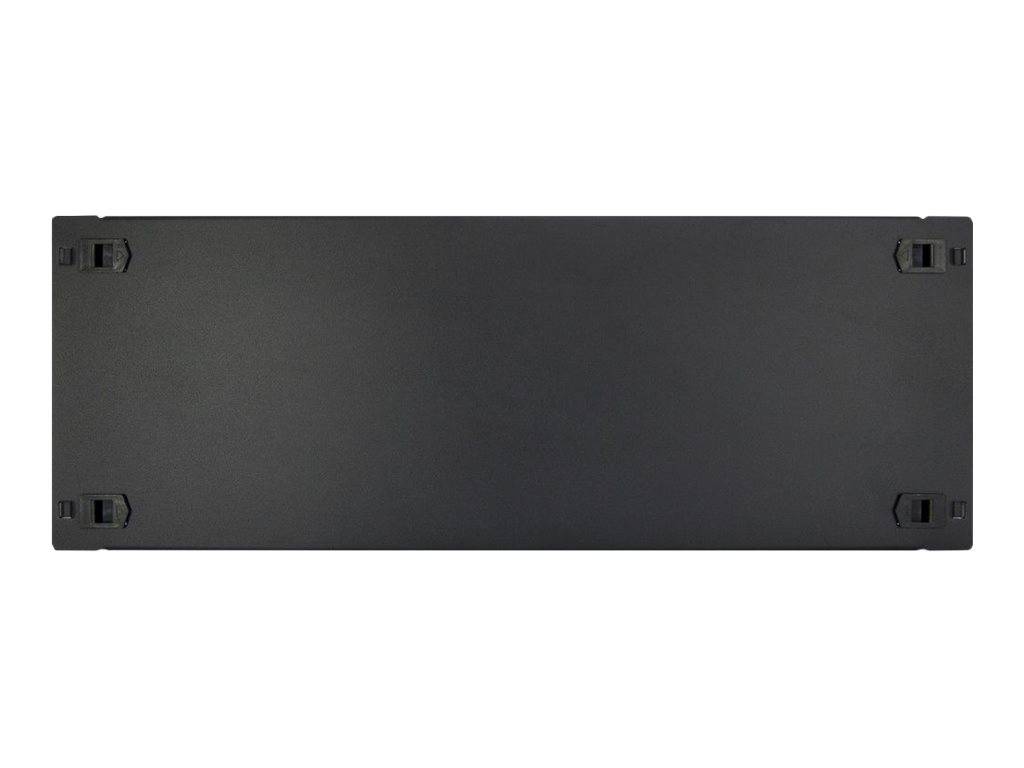 Schwarzes rechteckiges Panel oder Platte mit Befestigungslöchern an jeder Ecke, shown auf weißem Hintergrund.