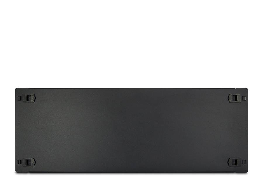 Schwarzes rechteckiges elektronisches Gerät oder Abdeckung mit vier Eckklammern, dargestellt auf einem einfachen weißen Hintergrund.