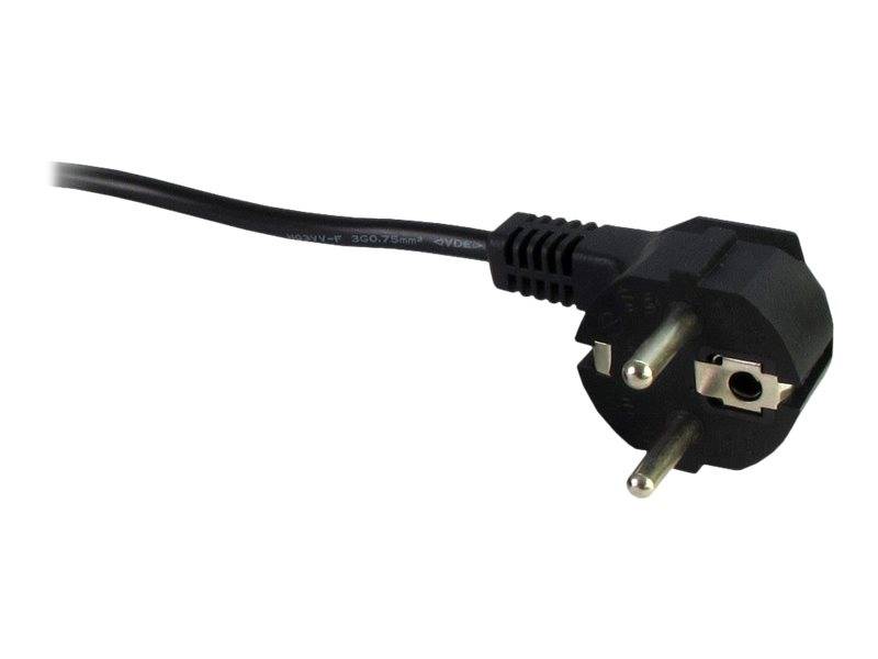 Schwarzes Stromkabel mit europäischem zweipoligem Stecker auf weißem Hintergrund.