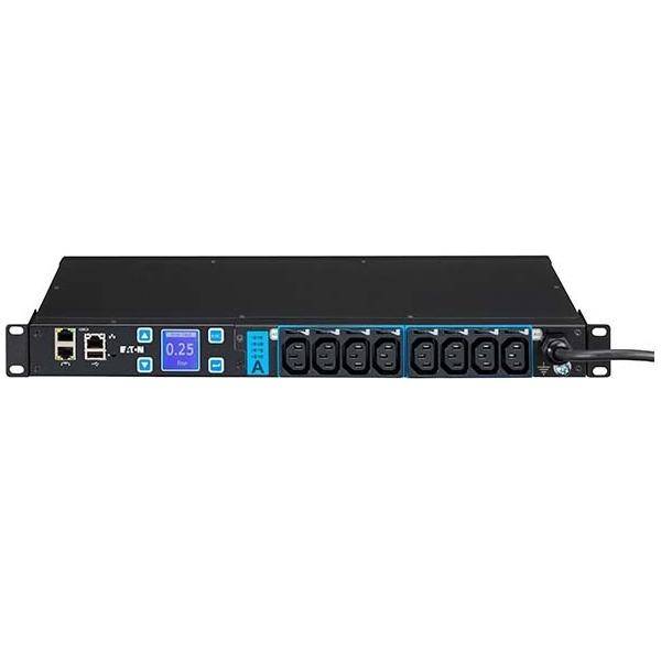 Ein schwarzes Eaton Rack-Netzteilverteilergerät mit mehreren Anschlüssen und einer kleinen blauen digitalen Anzeige, die '0,25' zeigt.