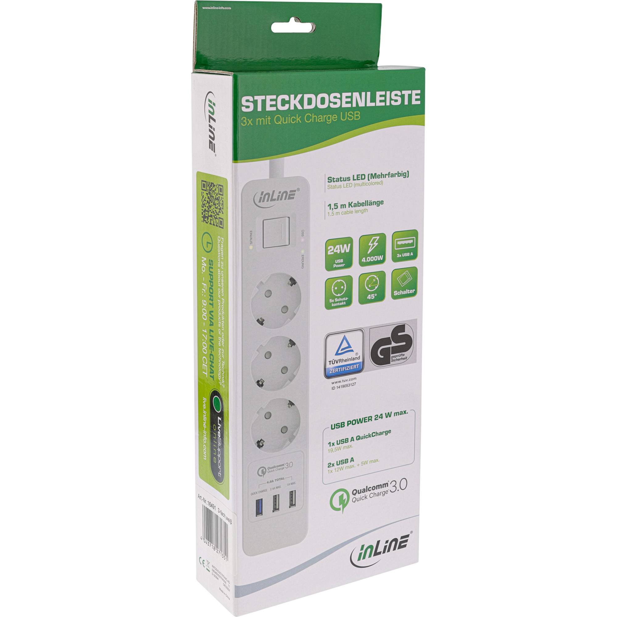 INLINE - Steckdosenleiste - 3-fach Schutzkontakt - ÜSS und QC3.0 - weiß