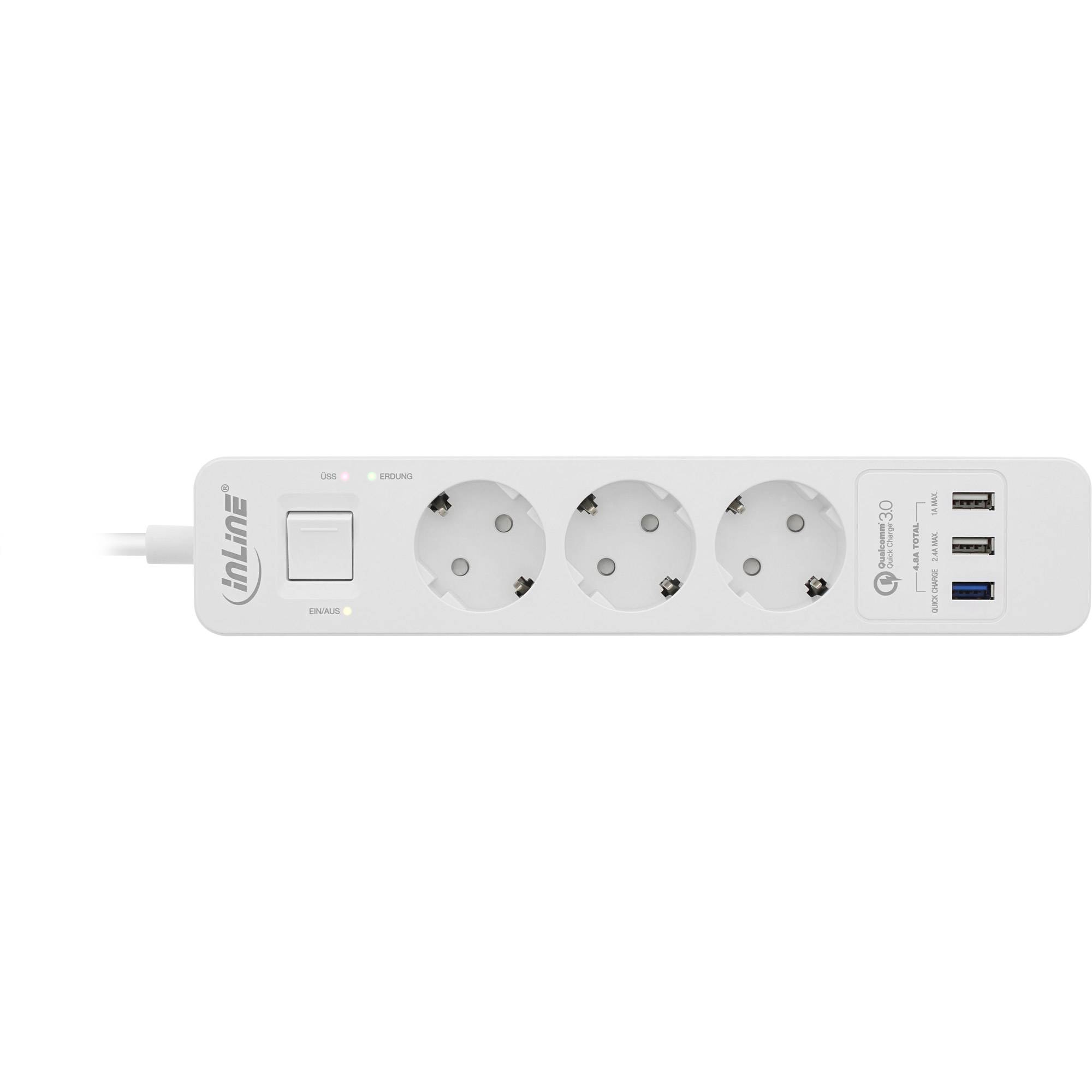 INLINE - Steckdosenleiste - 3-fach Schutzkontakt - ÜSS und QC3.0 - weiß