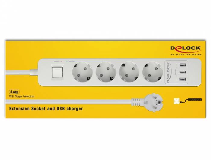 Delock Extension Socket - Steckdosenleiste - Wechselstrom 250 V - 4000 Watt - Eingabe, Eingang CEE 7/7 - Ausgangsanschlüsse: 4 (3 x USB Typ A, 4