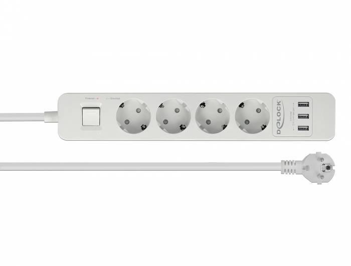 Delock Extension Socket - Steckdosenleiste - Wechselstrom 250 V - 4000 Watt - Eingabe, Eingang CEE 7/7 - Ausgangsanschlüsse: 4 (3 x USB Typ A, 4