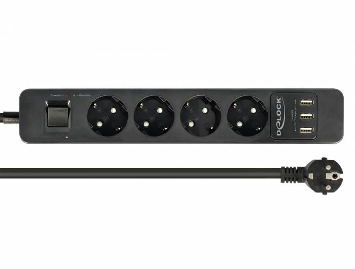 Delock Extension Socket - Steckdosenleiste - Wechselstrom 250 V - 4000 Watt - Eingabe, Eingang CEE 7/7 - Ausgangsanschlüsse: 4 (3 x USB Typ A, 4