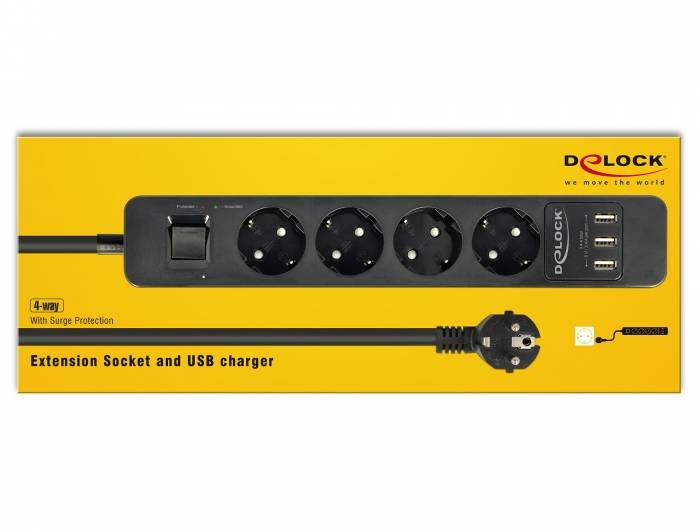 Delock Extension Socket - Steckdosenleiste - Wechselstrom 250 V - 4000 Watt - Eingabe, Eingang CEE 7/7 - Ausgangsanschlüsse: 4 (3 x USB Typ A, 4