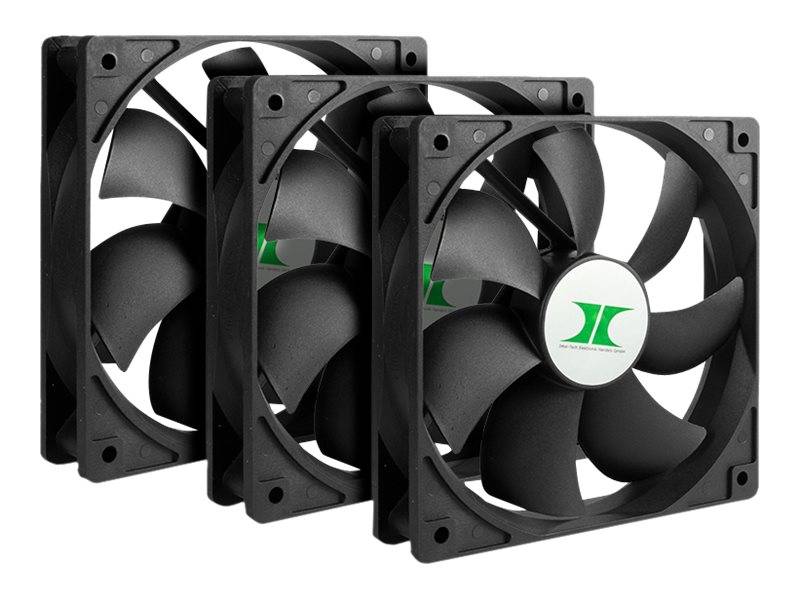Drei schwarze Computer-Kühlventilatoren, die sich in einem produktartigen Bild überlappend zeigen.