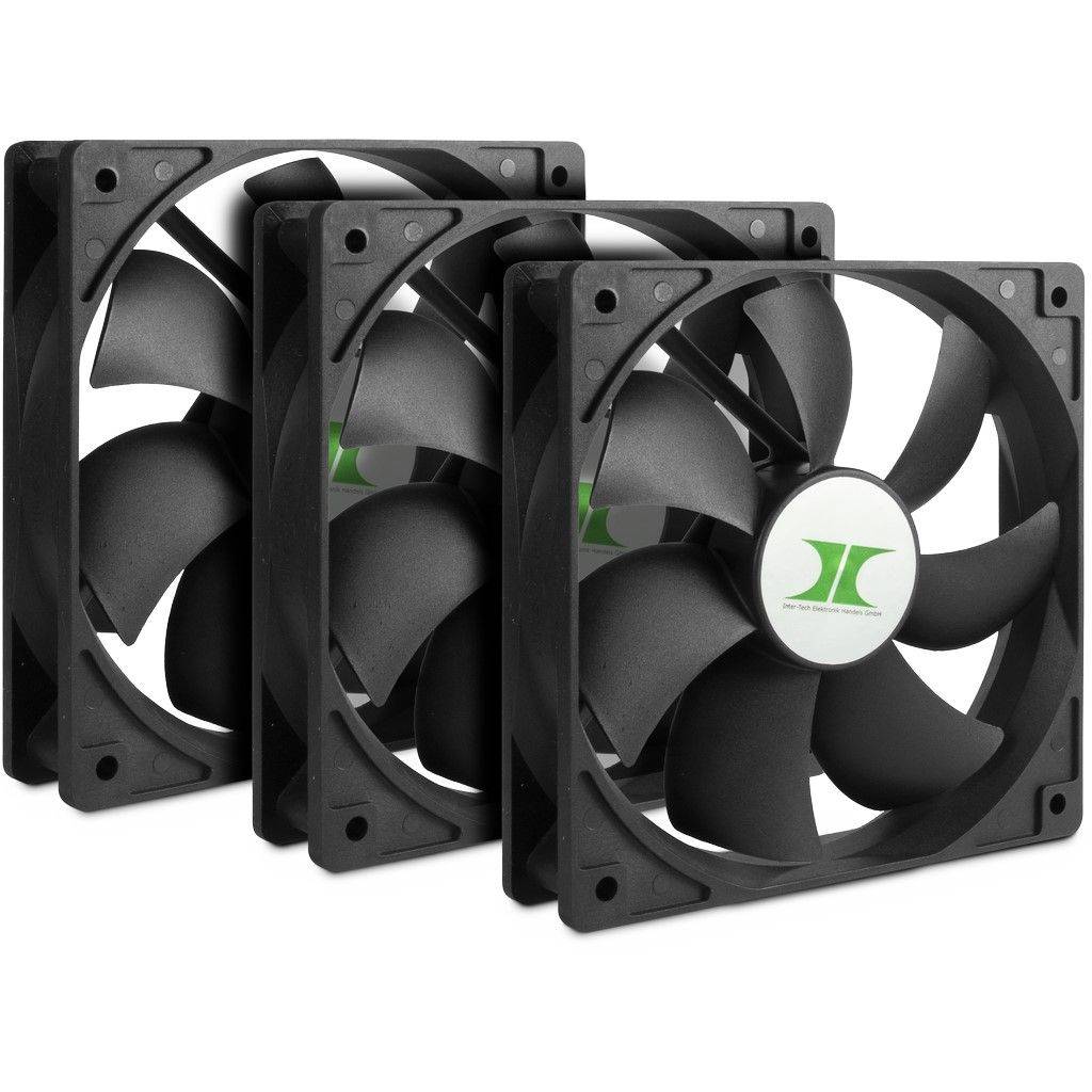 Drei schwarze Computer-Kühlventilatoren in perspektivischer Anordnung auf weißem Hintergrund, jeder mit einem grünen kreisförmigen Logo in der Mitte.