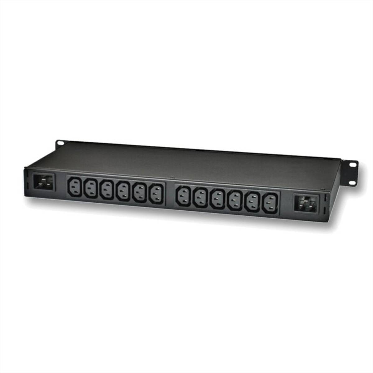Rack-Montagestromverteilungseinheit mit mehreren vorderen Steckdosen und seitlichen Befestigungsöhren auf weißem Hintergrund.