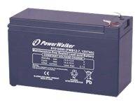 Eine dunkelblau Powermaster-Blei-Säure-Batterie mit Anschlüssen oben, dargestellt vor weißem Hintergrund.