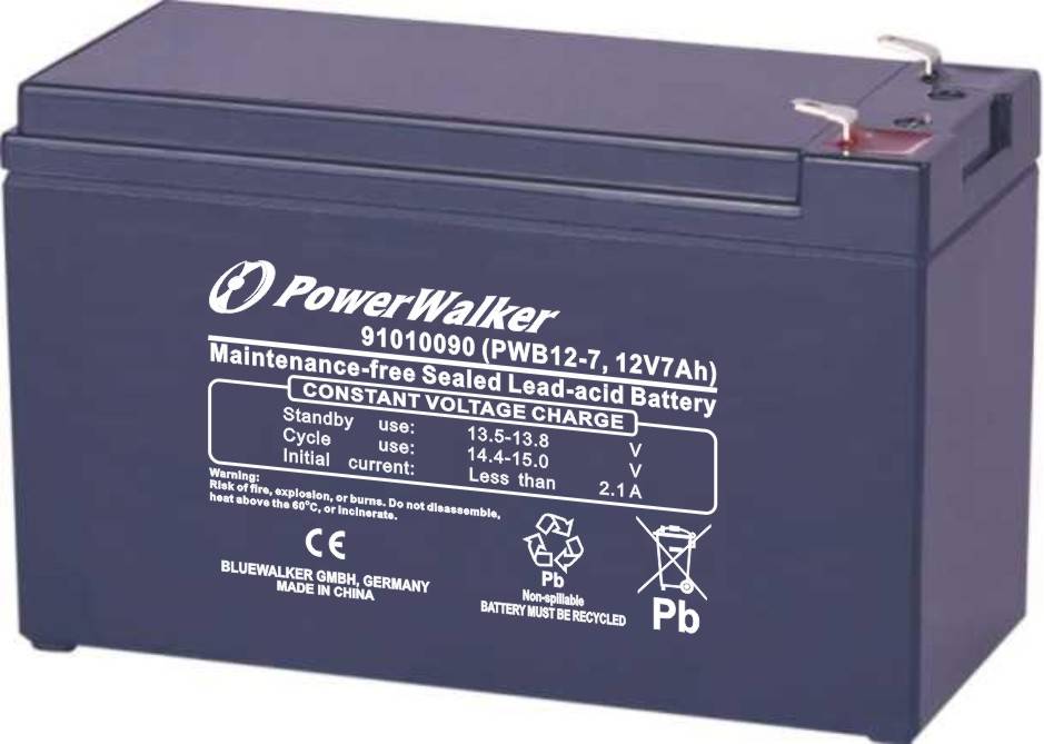 Eine PowerWalker 12V 7Ah versiegelte Blei-Säure-Batterie mit Oberklemmen in einem blauen Gehäuse.