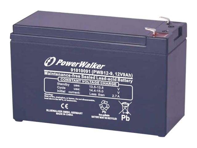 Blaue PowerWalker versiegelte Bleiakku-Batterie mit zwei Metallklemmen und gedrucktem Produktetikett auf der Vorderseite.