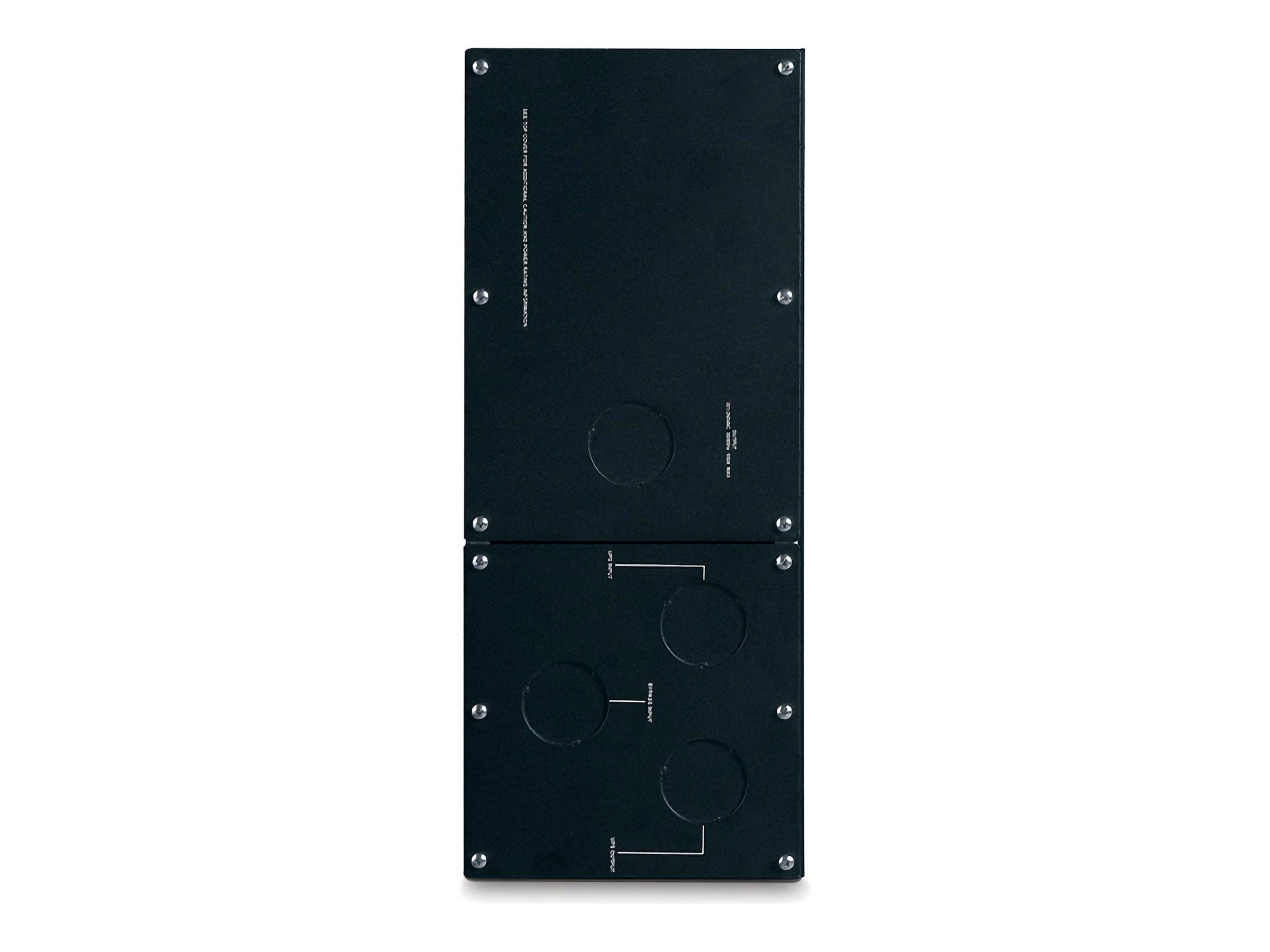 Draufsicht auf ein langes schwarzes rechteckiges Gerät mit vier Eckschrauben und kreisförmigen Ausschnitten, das zwei verbundene Platten oder Module zeigt.