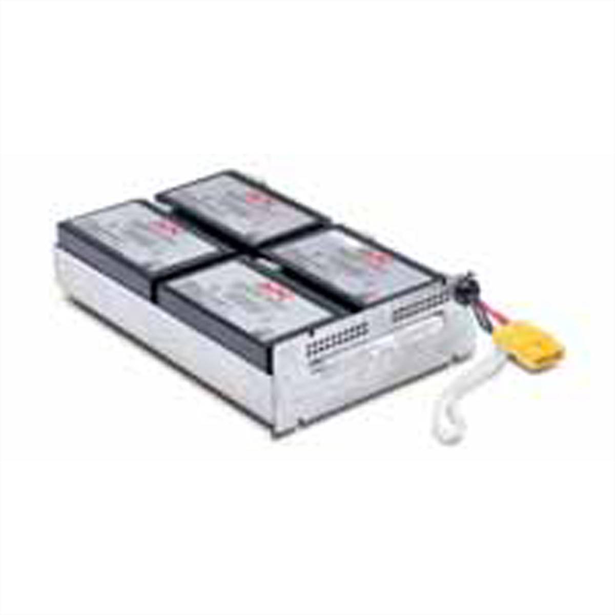 Vier wiederaufladbare Batterien auf einem Metalltablett mit angeschlossenen Kabeln, verwendet als Backup-Stromversorgung in elektronischen Geräten.
