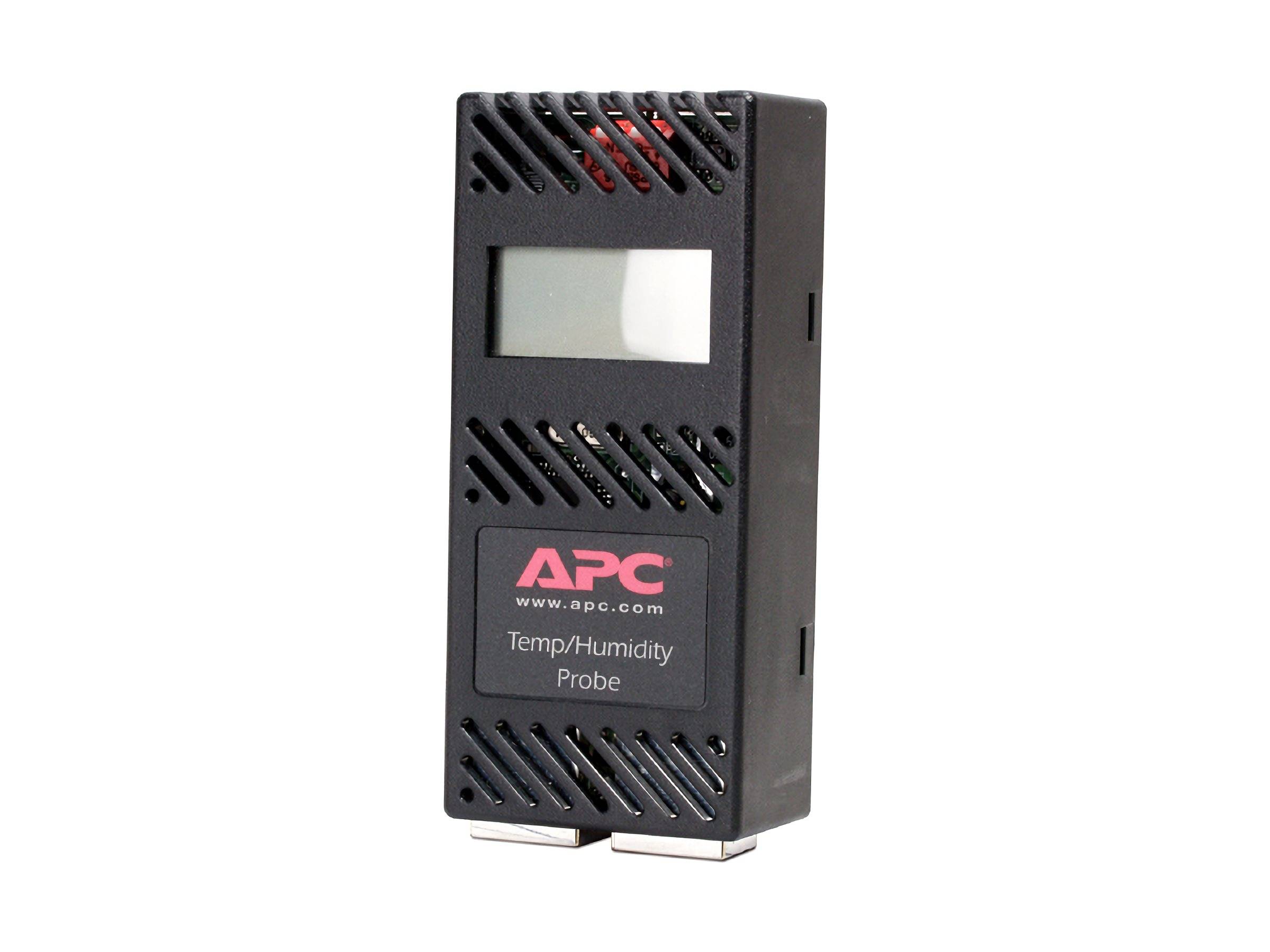 APC-Temperatur-/Feuchtemessonde mit kleinem LCD-Display und belüftetem schwarzem Gehäuse auf weißem Hintergrund.
