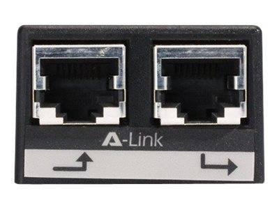 Duale Ethernet-/RJ45-Anschlüsse an einem schwarzen A-Link-Adapter mit Links- und Rechtspfeilen unterhalb der Buchsen.