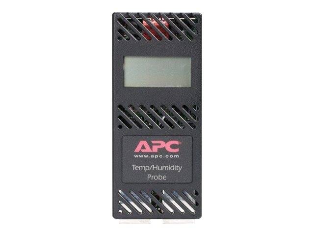 APC Temperatur-/Feuchte-Sensor mit kleinem LCD-Display und belüftetem schwarzem Gehäuse.
