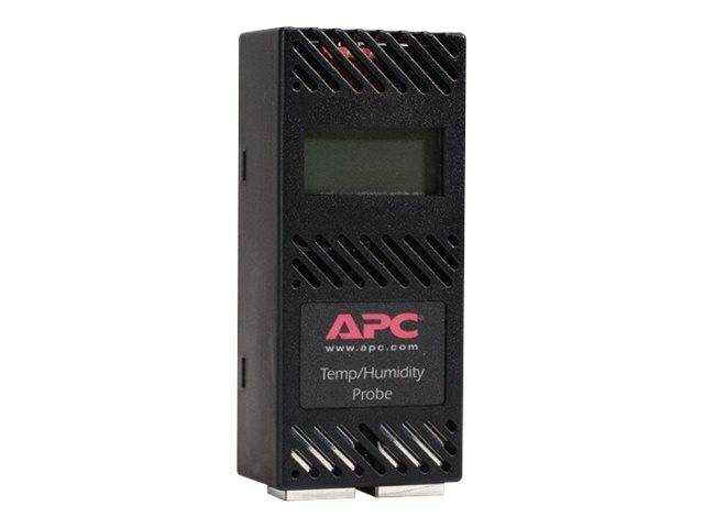 APC Temperatur-/Feuchte-Messsonde mit kleinem Display-Fenster und belüftetem schwarzem Gehäuse.