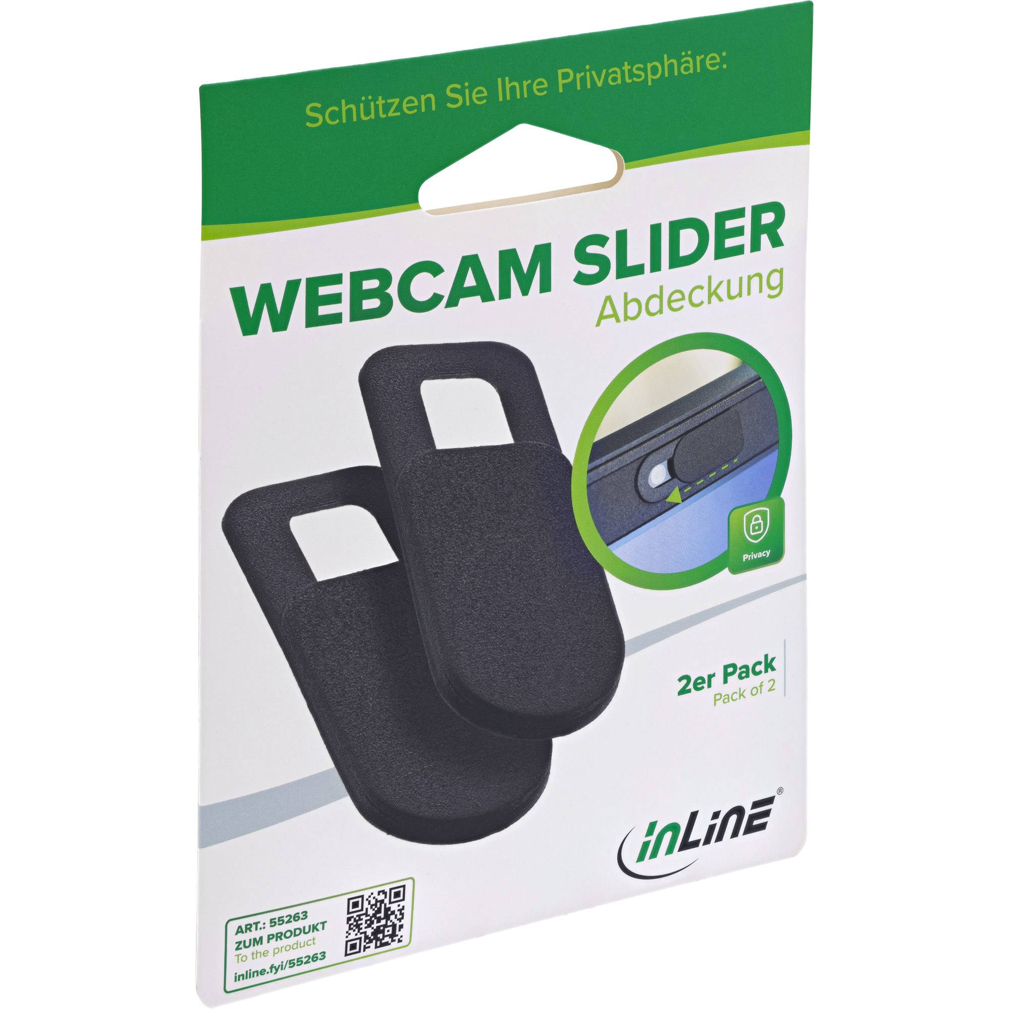 Paket mit zwei 'Webcam Slider' Datenschutzabdeckungen von InLine, gezeigt auf Einzelhandelsverpackung mit Produktfoto und '2er Pack' Etikett.