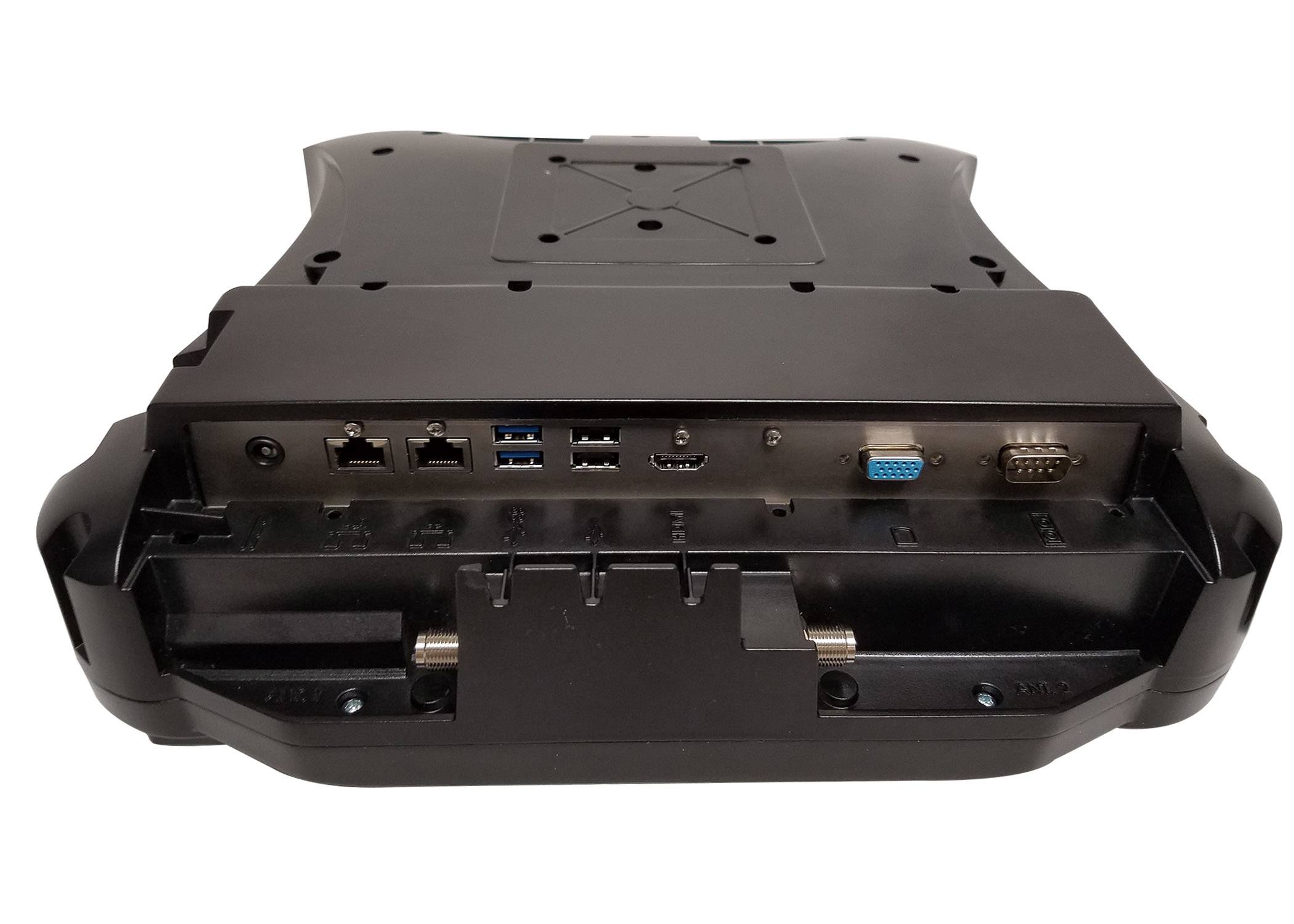 Rückansicht eines robusten schwarzen elektronischen Geräts mit Anschlüssen: Stromversorgung, Dual-Ethernet, USB, Audio, VGA und serielle Verbindungen.