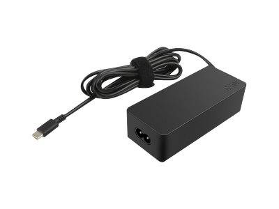 Schwarzer rechteckiger Laptop-Stromadapter mit angeschlossenem USB-C-Kabel und Stecker