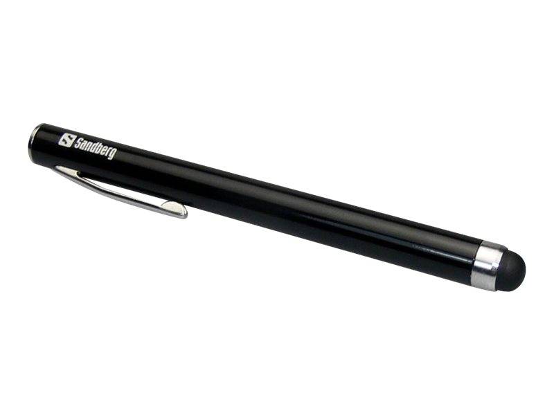 Schwarzer Stift mit Stylus-Funktion, silberner Clip und Spitze, Marke 'Sandberg', auf weißem Hintergrund abgebildet.