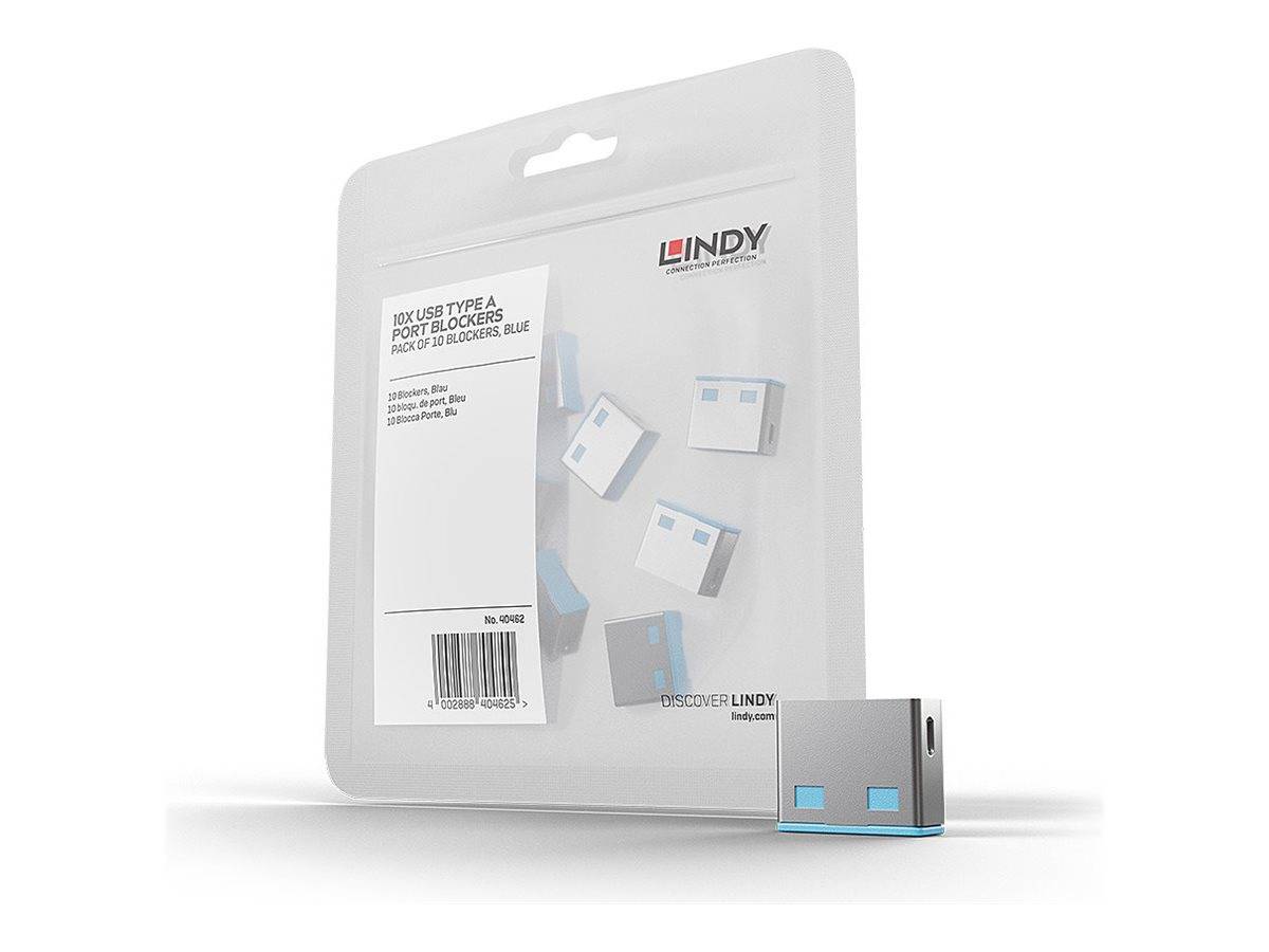 LINDY USB Typ-A-Port-Blocker in Einzelhandelsverpackung, mit einem kleinen silber-blauen Blocker neben der Verpackung gezeigt.