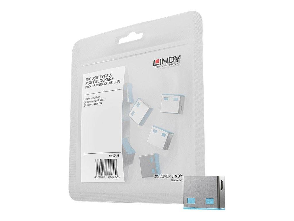 Paket von Lindy Port-Blocker-Sicherheitssperren für USB-Typ-A-Anschlüsse, gezeigt in transparenter Einzelhandelverpackung mit einem Blocker, der vorne angezeigt wird.