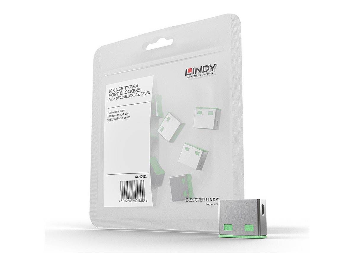 Verpackung des Lindy USB Typ-A-Anschluss-Blockers mit kleinem grau-grünem Blocker-Zubehör vorne.