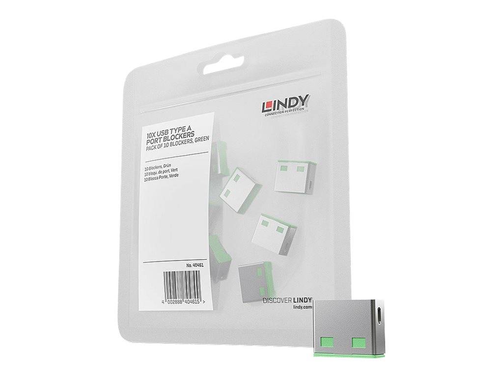 Lindy 10er-Pack USB-Typ-A-Anschluss-Blocker in Grün, gezeigt in Einzelhandelverpackung mit einem Blocker, der außerhalb der Packung angezeigt wird.