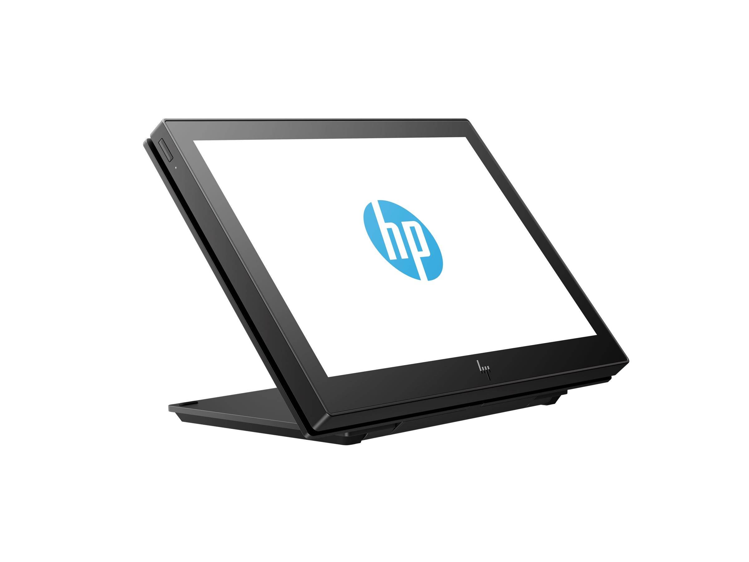 HP All-in-One-Desktop-Computer in Seitenansicht mit geöffnetem, geneigtem Bildschirm, der das HP-Logo auf einem weißen Display zeigt.