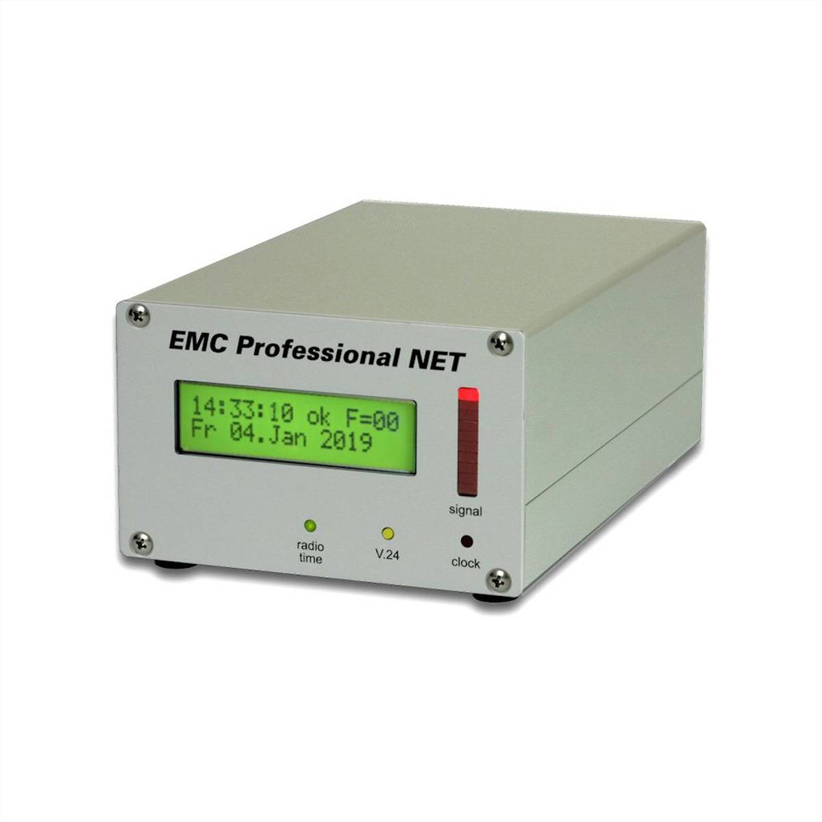 Vorderansicht eines EMC Professional NET-Geräts mit grünem digitalem Display, Signalleuchtenbalken und Statusindikatoren in einem grauen Metallgehäuse.