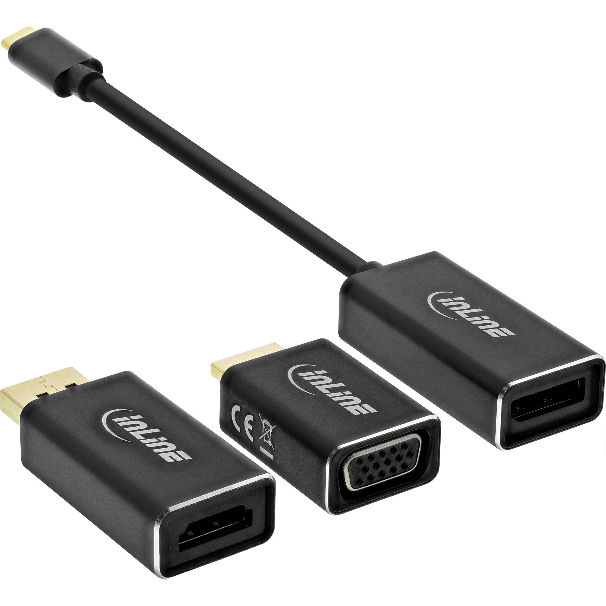 Drei schwarze Uniline-Adapter/Anschlüsse für DisplayPort, VGA und HDMI, dargestellt auf weißem Hintergrund mit einer Einheit mit angeschlossenem Kabel.