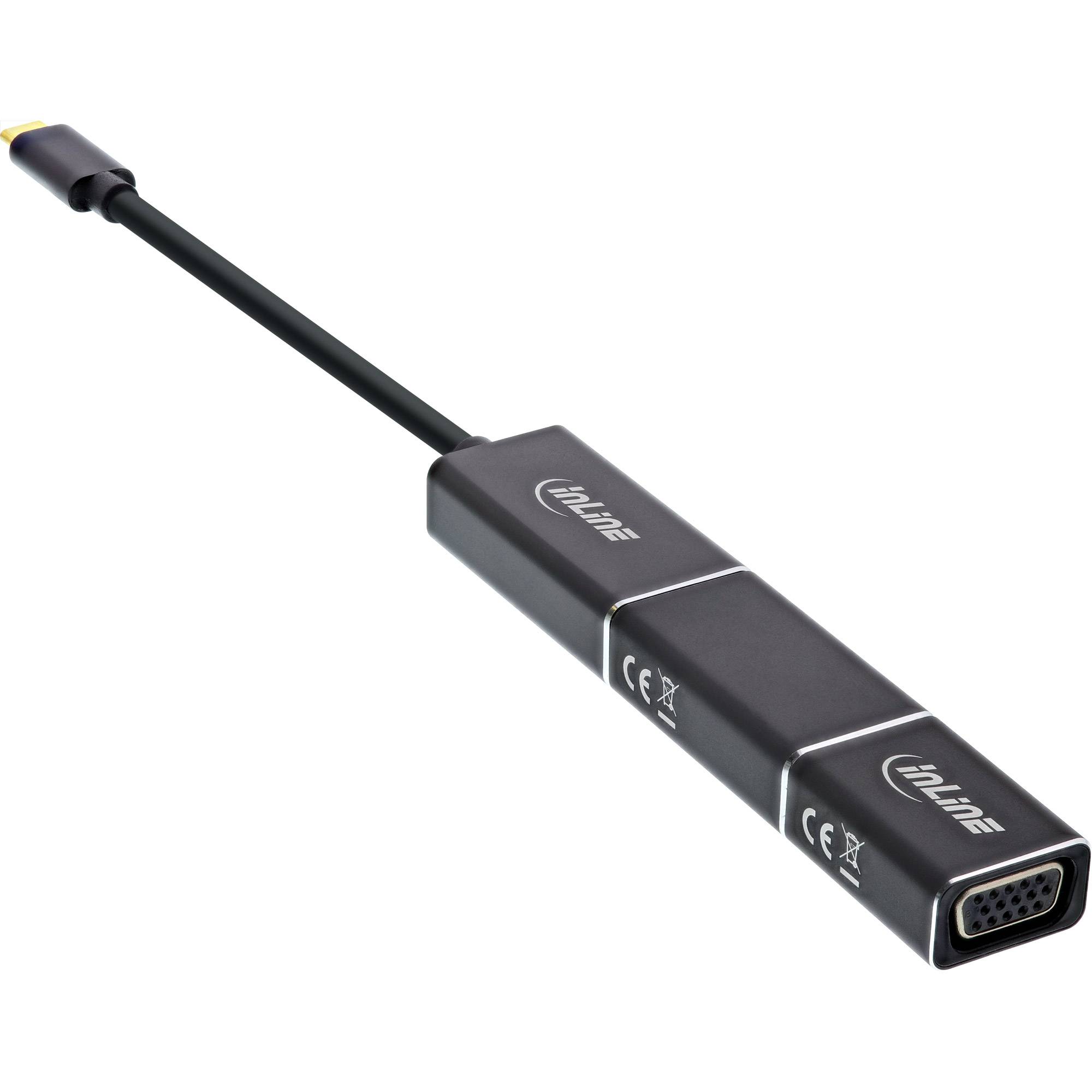 Schwarzer Kabeladapter mit USB-C-Stecker auf der einen Seite und USB-C-Buchse auf der anderen Seite zum Anschluss eines Geräts an einen Monitor oder Projektor.