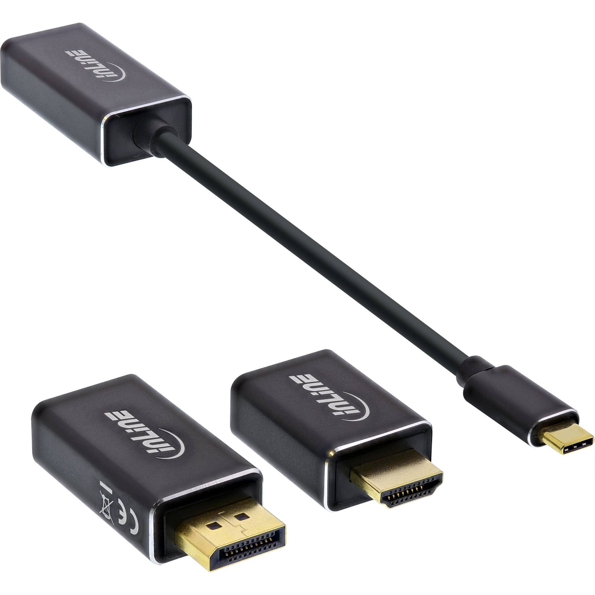 Drei schwarze Adapter-Dongles mit vergoldeten Anschlüssen, einschließlich eines USB-C-zu-HDMI-Kabels und zwei kompakter Video-Adapter mit der Bezeichnung 