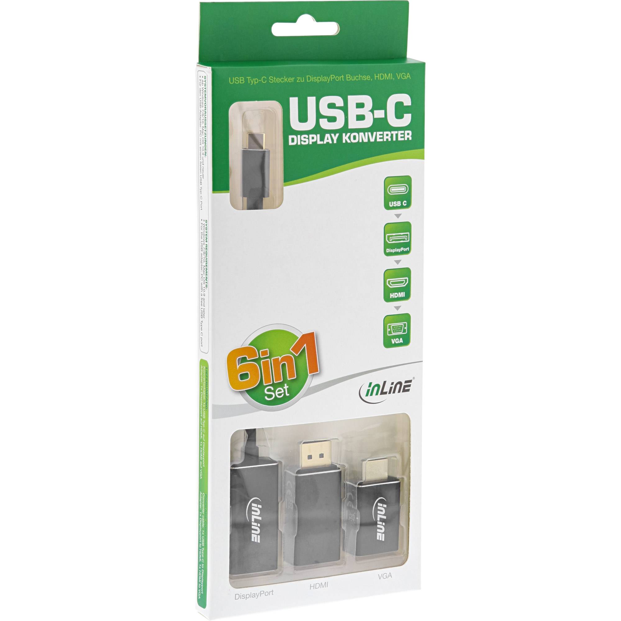 Verpackung für einen inLine USB-C Display-Adapter-Satz, gekennzeichnet als „USB-C DISPLAY KONVERTER