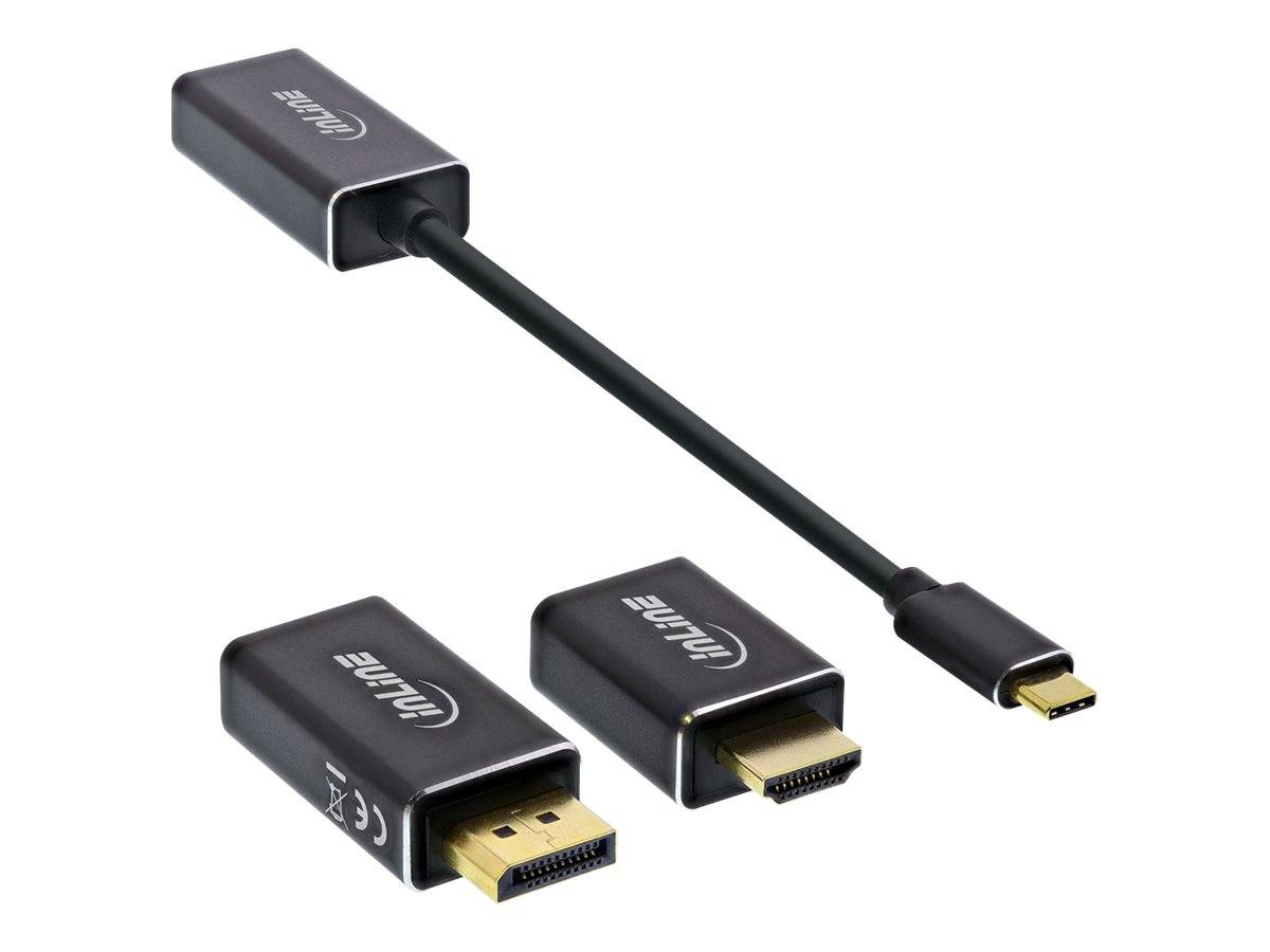 Drei USB-C-Adapter-Dongles, einschließlich eines mit kurzem Kabel, auf weißem Hintergrund dargestellt.