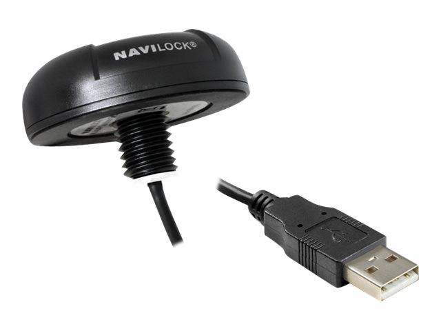 Schwarzer NAVILOCK Kabelhalter mit Gewindebefestigung und angebrachtem USB-Stecker, isoliert auf weißem Hintergrund dargestellt.