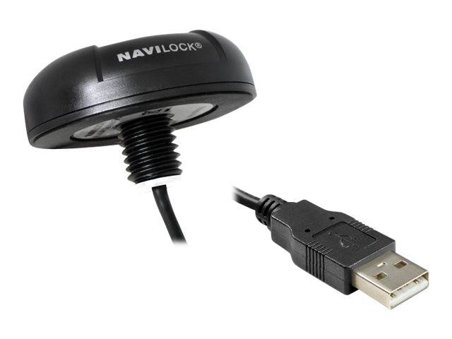 Schwarzes NAVILOCK USB-Gerät mit Gewindebefestigung und angeschlossenem USB-A-Stecker-Kabel auf weißem Hintergrund.