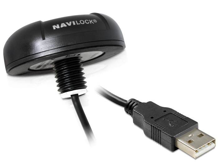 Navilock USB-Gerät mit Gewinde-Befestigung und angeschlossenem USB-A-Kabel auf weißem Hintergrund.